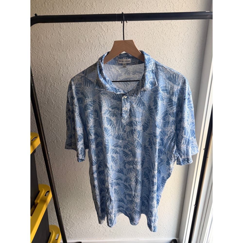 Peter Millar Mens XXL Pima Cotton Tropical Leaf Polo Shirt Blue MF23K55